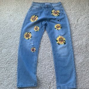 Miss Look size 6 light denim boyfriend jeans.  Hand painted sunflowers.